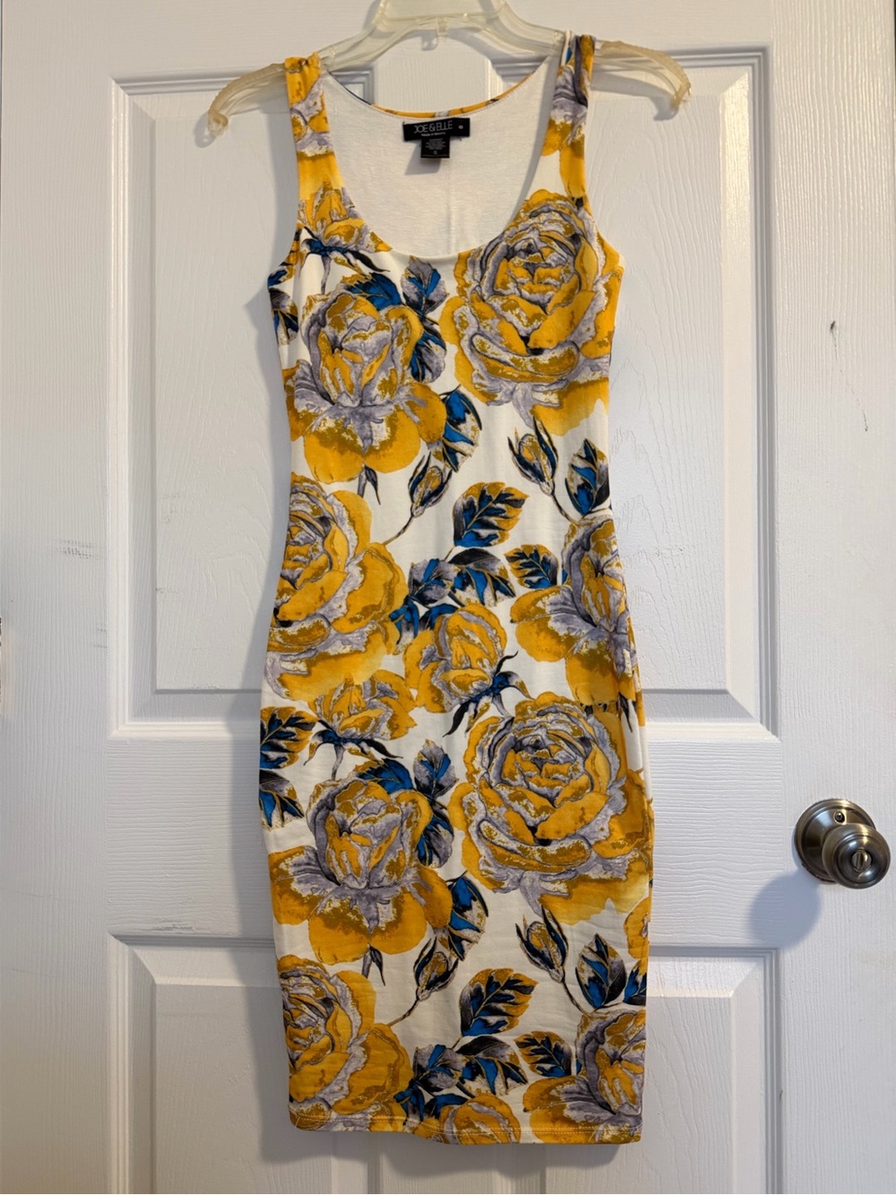 Yellow Rose Print Midi Dress with Blue Leaf Accents